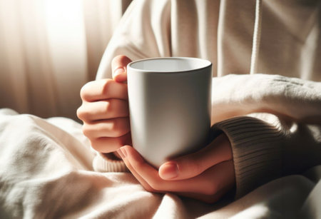 Female hands holding a warm mug in her home during the winter season. AI generativeの素材