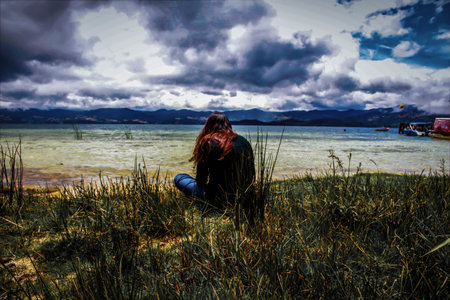 woman on the lakeの写真素材