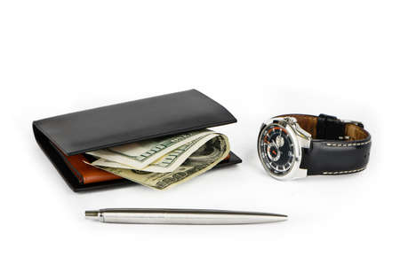 Wallets, money, pen and clock on a white backgroundの写真素材
