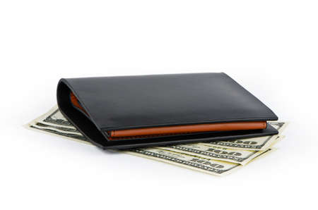 Black purse and three hundred dollars on a white backgroundの写真素材
