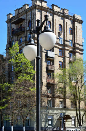 Street light on the background of an apartment houseの写真素材