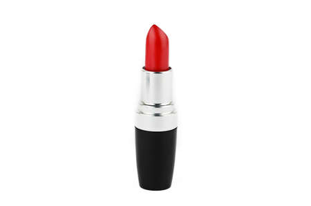 Red lipstick in black case on white backgroundの写真素材