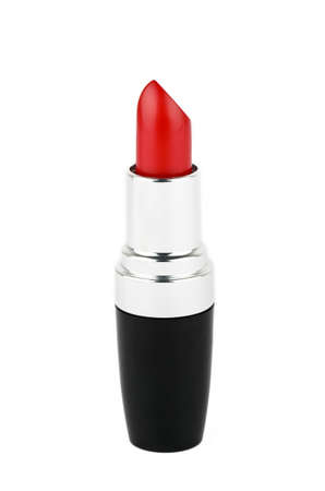 Red lipstick in black case on white backgroundの写真素材