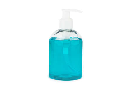 Bottle with turquoise liquid soap on a white backgroundの写真素材