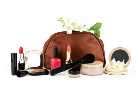Cosmetic set on white background with jasmine flowersの写真素材