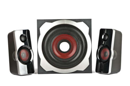 Speaker system with subwoofer on a white backgroundの写真素材