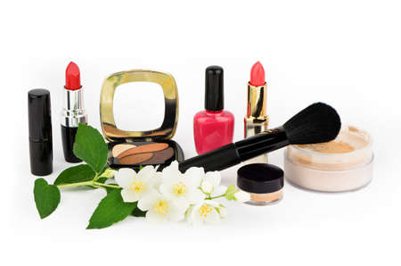Cosmetic set on white background with jasmine flowersの写真素材