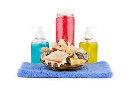 Set of bath accessories with seashells on a white backgroundの写真素材