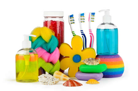 Set of bath accessories with seashells on a white backgroundの写真素材