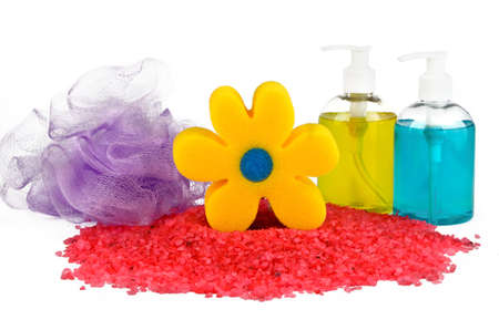 Sea salt, soap and sponges on a white backgroundの写真素材