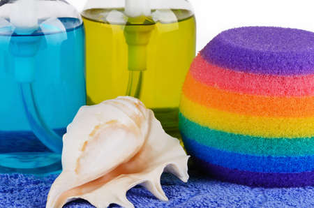 Set of bath accessories close-up with a shellの写真素材