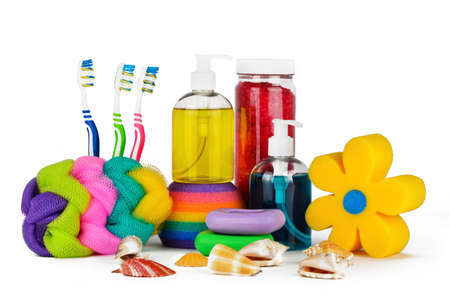 Set of bath accessories with seashells on a white background の写真素材