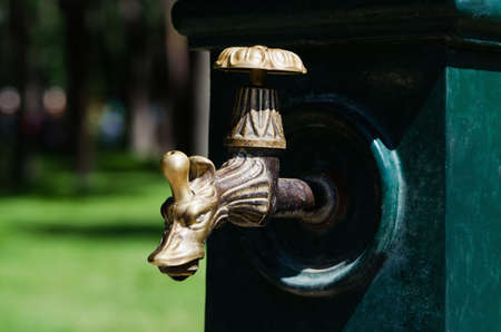 Copper tap in the form of a dragon with a dropの写真素材