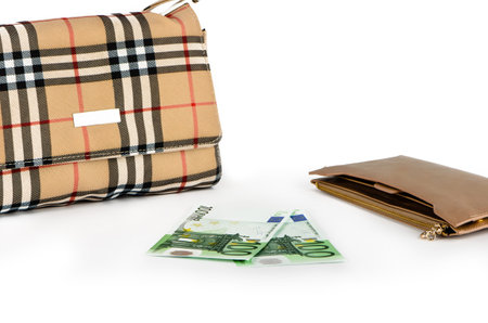 Handbag, purse and two hundred euro on a white background