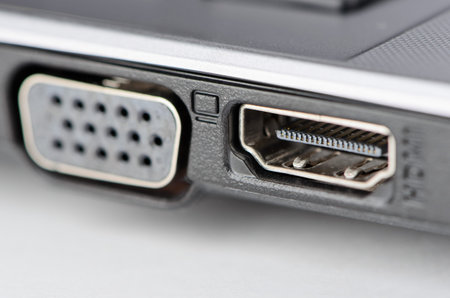 Sockets HDMI and DisplayPort of the laptop close-upの写真素材