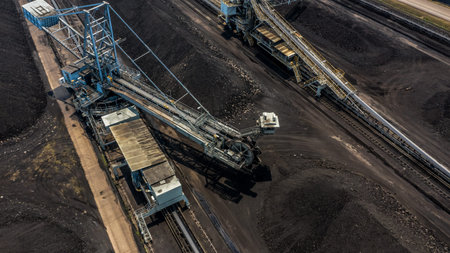 Aerial view large bucket wheel excavators in a lignite mine.