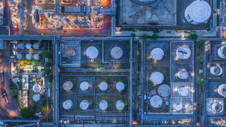 Aerial view oil refinery, refinery plant, refinery factory at night.の写真素材