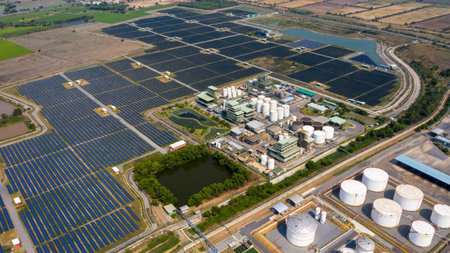 Aerial view Solar panels, Solar energy farm in rural, Thailand.