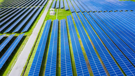 Aerial view Solar panels, Solar energy farm in rural, Thailand.の写真素材