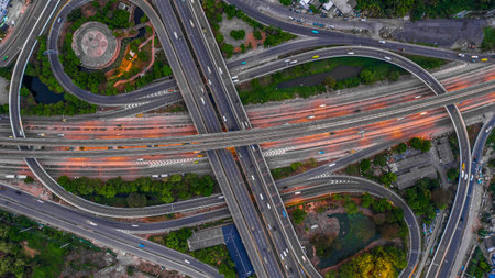 Aerial view elevated road and traffic junctions, Modern construction design traffic ways traffic jams, Road interchange or highway intersection with busy urban traffic Junction network of transportation.の写真素材