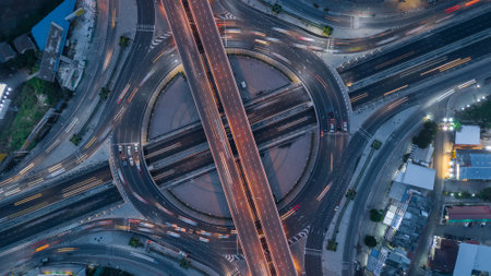 Aerial view elevated road and traffic junctions, Modern construction design traffic ways traffic jams, Road interchange or highway intersection with busy urban traffic Junction network of transportation.の写真素材