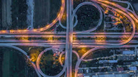 Aerial view elevated road and traffic junctions, Modern construction design traffic ways traffic jams, Road interchange or highway intersection with busy urban traffic Junction network of transportation.の写真素材