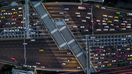 Aerial view cars waiting to pay at the expressway, Gate for expressway fee payment, Cars at gate for expressway fee payment, traffic jam with row of cars on expressway during rush hour.の写真素材