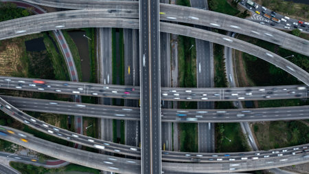 Aerial view elevated road traffic junctions, Modern construction design traffic ways traffic jams,...