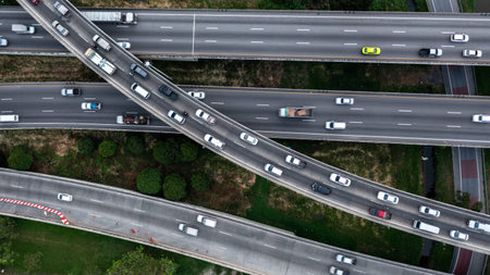 Aerial view elevated road traffic junctions, Modern construction design traffic ways traffic jams,...