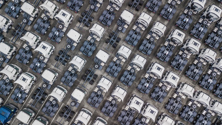 Aerial top view of semi truck cargo trailer, Semi truck trailer cargo park on parking lot, New semi...