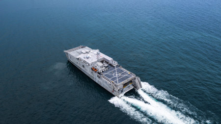 Aerial view landing craft, Aerial view landing ship navy military ship in the open sea, Amphibious...