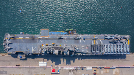 Aerial top view USA aircraft carrier warship transportation fighter plane, helicopter, tank, battleship.の写真素材