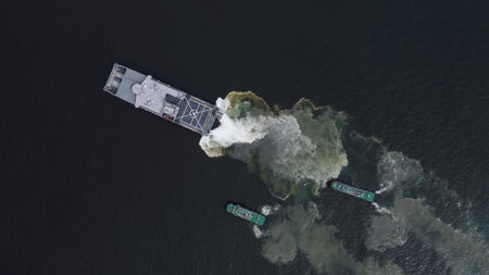 Aerial view landing craft, Aerial view landing ship navy military ship in the open sea, Amphibious ship transport.の写真素材