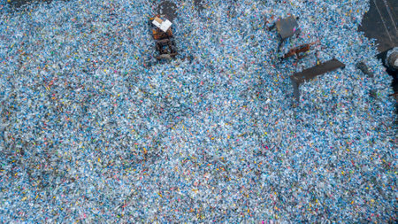 Aerial view plenty of plastic bottles, Waste plastic bottles other types of plastic waste at the waste disposal site, plastic bottles at the factory for processing and recycling PET recycling plant.の写真素材
