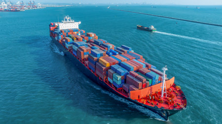 Aerial view cargo container ship, Container cargo vessel ship carrying container for import export...