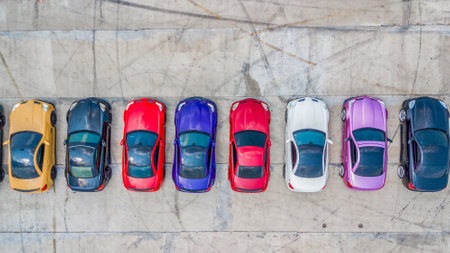 Aerial view super car show on asphalt road with tire mark, Super car park on road with tire mark background, Super car activity meeting and show.の写真素材