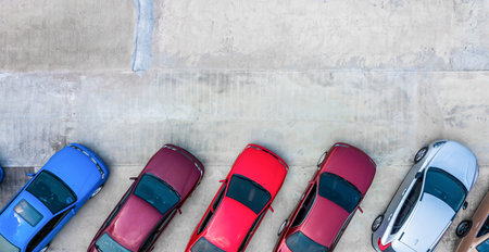 Aerial view super car show on asphalt road with tire mark, Super car park on road with tire mark...