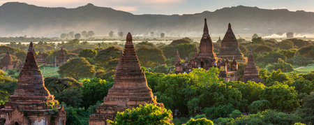 Ancient temple archeology in Bagan after sunset, Myanmar temples in the Bagan Archaeological Zone Pagodas and temples of Bagan world heritage site, Myanmar, Burmar.の写真素材