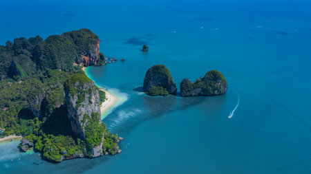 Aerial view Railay Beach and Phra Nang Cave Beach in beautiful bay in Krabi province, tropical coast with paradise beache, Krabi, Thailand.の写真素材