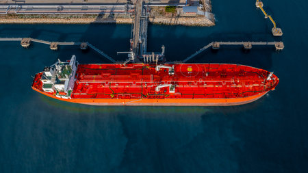 Aerial view oil tanker ship oil depot terminal storage petroleum petrochemical refinery product,...