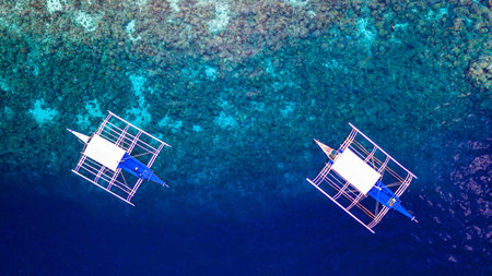 Aerial view of Moalboal Island with traditional filipino boat, Philiphines, Traditional Filipino...