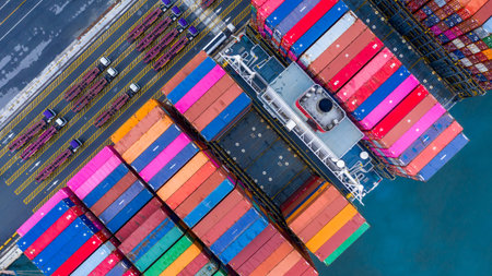 Container cargo ship at industrial port in import export business logistic and transportation...