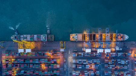 Aerial view container cargo ship sea freight shipping, Global business industry import export logistic transportation by container cargo ship, Container cargo ship commercial industry freight shippingの写真素材