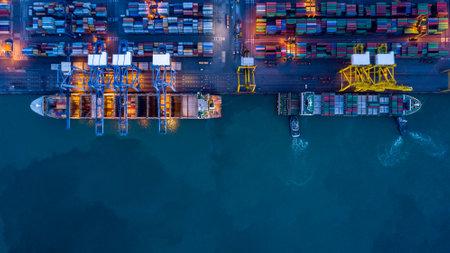 Aerial view container cargo ship sea freight shipping, Global business industry import export logistic transportation by container cargo ship, Container cargo ship commercial industry freight shippingの写真素材