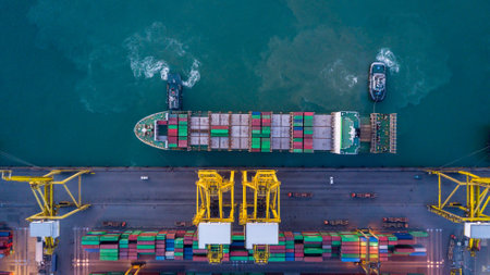 Aerial view container cargo ship sea freight shipping, Global business industry import export logistic transportation by container cargo ship, Container cargo ship commercial industry freight shippingの写真素材