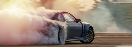 Car drifting diffusion race drift car with lots of smoke from burning tires on speed track,...