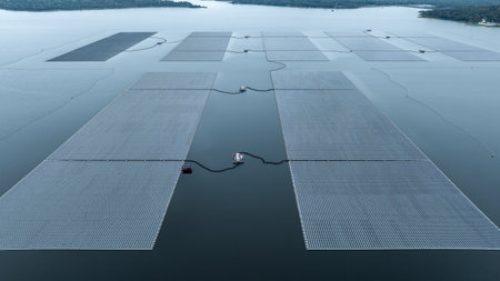 Aerial view hydro floating solar hybrid power plant, Hydro floating solar panel platform system on the lake, Power plant renewable energy source, Eco technology electric power industry.の写真素材