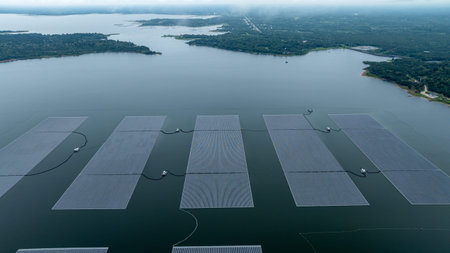 Aerial view hydro floating solar hybrid power plant, Hydro floating solar panel platform system on...