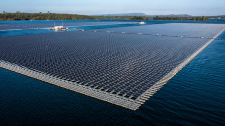 Aerial view hydro floating solar hybrid power plant, Hydro floating solar panel platform system on...