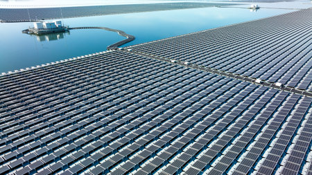 Aerial view hydro floating solar hybrid power plant, Hydro floating solar panel platform system on the lake, Power plant renewable energy source, Eco technology electric power industry.の写真素材